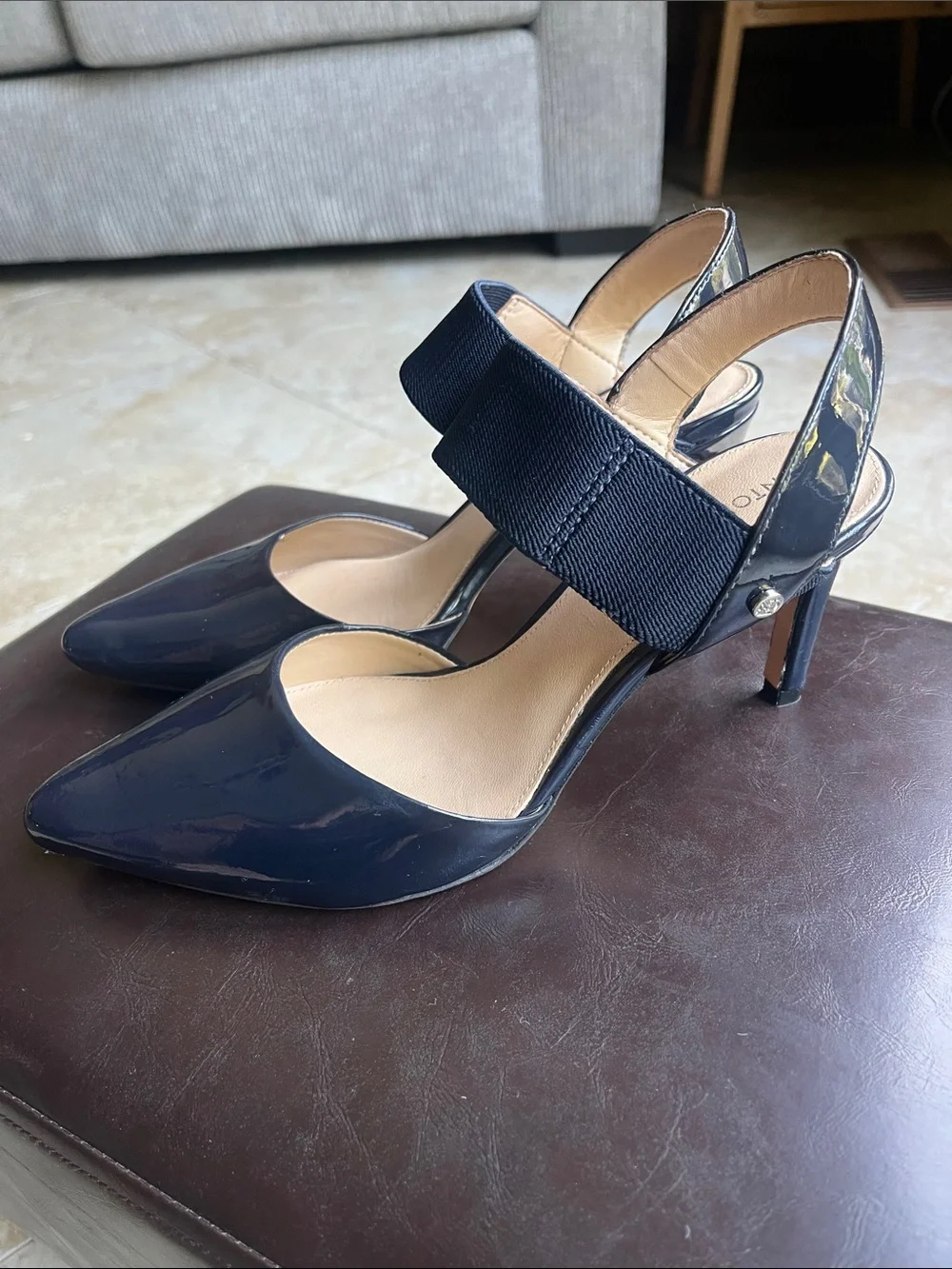 ANTONIO MELANI Navy Patent Slingback Heels with Wide Elastic Strap 6.5